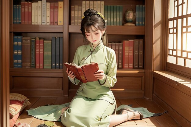 Het jonge mooie boek van de vrouwenlezing in de studeerkamer die Chinese hanfu-behangillustratie draagt