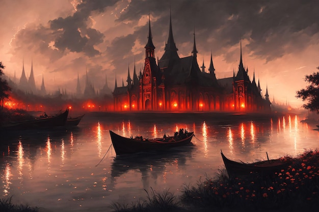 Het kasteel bij nacht aan het water