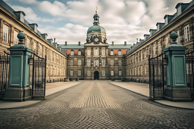 Het kasteel van Copenhagen, Christiansborg, een koninklijke poort naar het Deense parlement en de koninklelijke stallen