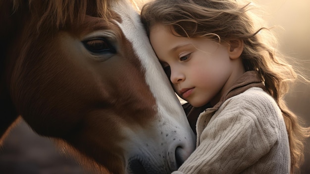 Het kind knuffelpaard in de ochtend