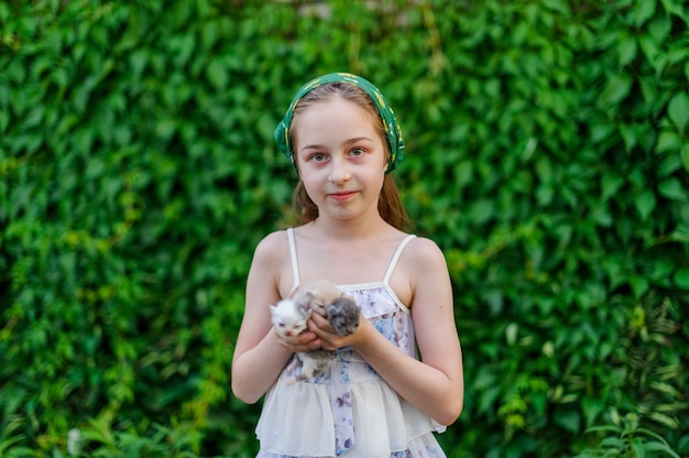 Het kind kust een kat. klein meisje van 8-9 jaar veel plezier met kitten