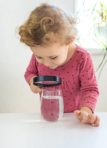 Het kind onderzoekt het water onder een vergrootglas Selectieve focus