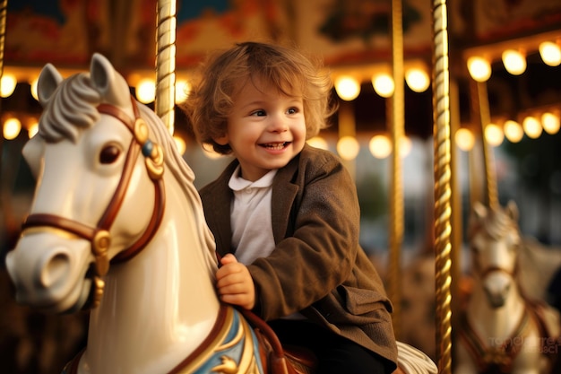 Het kind zit op een draaimolen in een pretpark en lacht swingpaard