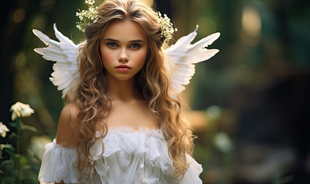 Het kleine feeënmeisje met vleugels fladderde door het betoverde bos en verspreidde magie en blijdschap