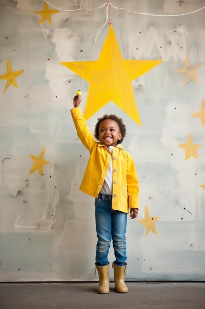 Foto het kleine kind speelt superheld. het kind meet de groei op de achtergrond van de muur.