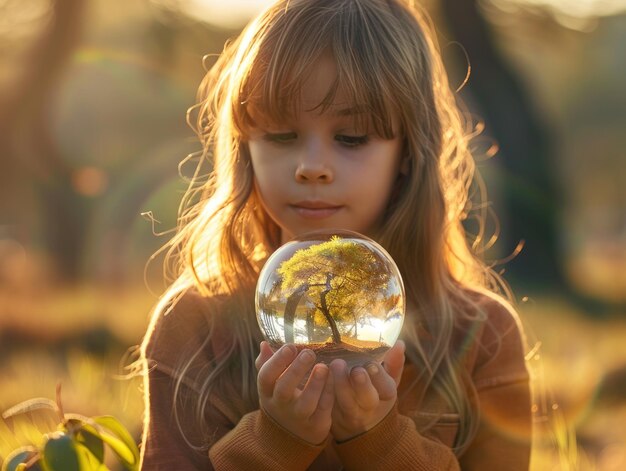 Het kleine meisje houdt de aarde in haar hand.