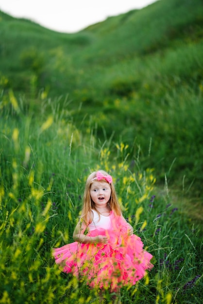 Het kleine meisje in een roze jurk loopt blootsvoets op het groene gras in het veld Portret van een gelukkige kindprinses in een park