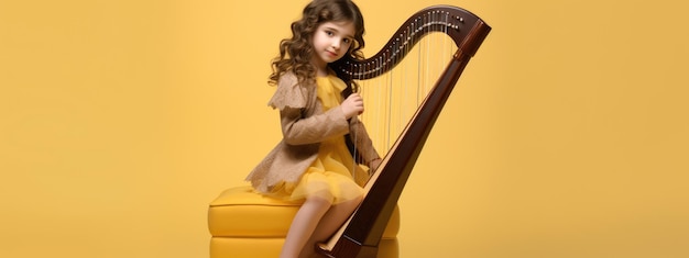 Foto het kleine meisje speelt harp.