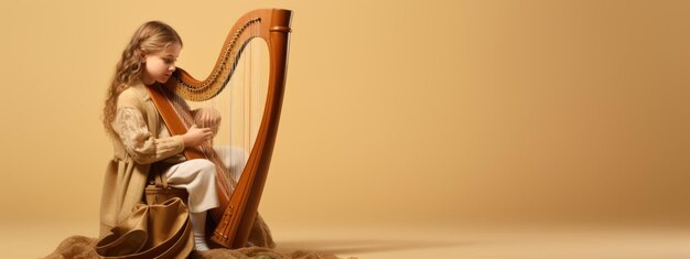 Foto het kleine meisje speelt harp.