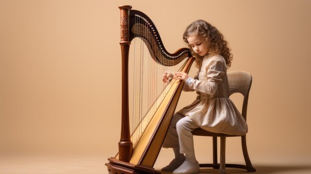 Foto het kleine meisje speelt harp.