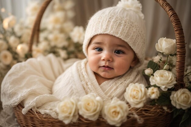 Foto het kleine meisje was gewikkeld in wit roomgaren met kleine strikken en lag in een basket versierd.