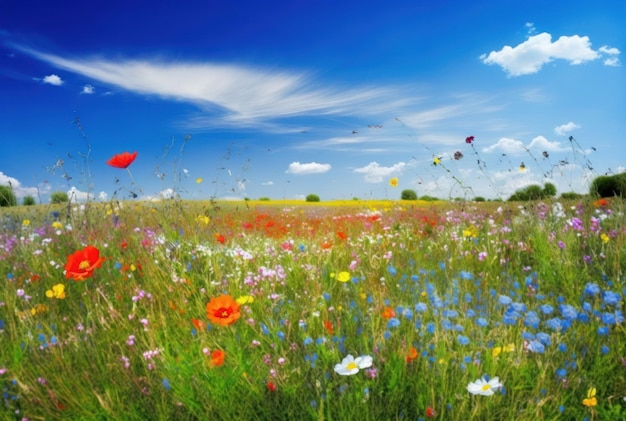 Het kleurrijke natuurlijke landschap van bloemenweiden met blauwe hemel in de zomer en de lente