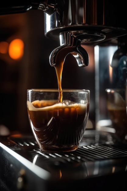 Het koffiezetapparaat van het café schenkt espresso in een close-up shot Generatieve AI