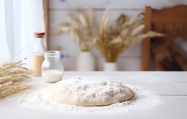 het koken van deeg en meel op een witte houten plaat op een wite houten ta