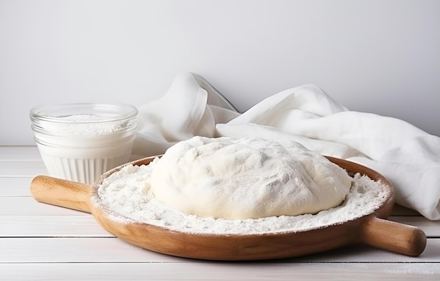 het koken van deeg en meel op een witte houten plaat op een wite houten ta