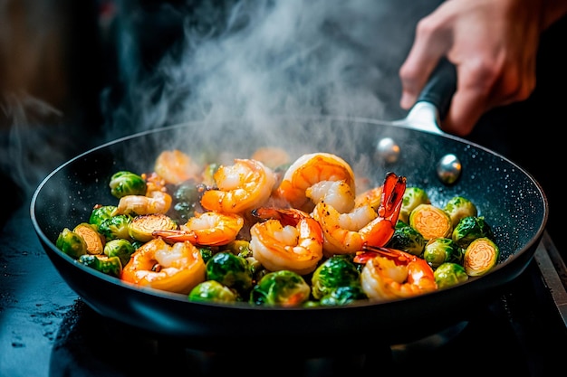 Het koken van heerlijke garnalen en spruiten creëert een aromatische culinaire ervaring