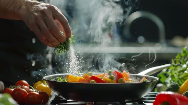 Het koken van verse groenten De chef-kok voegt zout toe aan een stoomende hete pan Grand cuisine idee voor een hotel met reclame ruimte