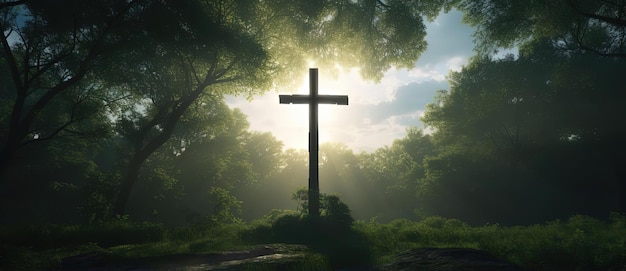 het kruis in een veld met zonlicht dat door de bomen gloeit in de stijl van donker brons en groen