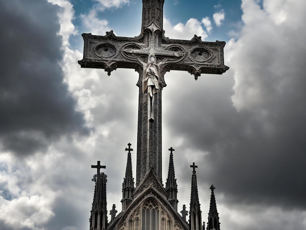 Het kruis van de gotische kathedraal steekt hoog af tegen de dramatische lucht die wordt gegenereerd