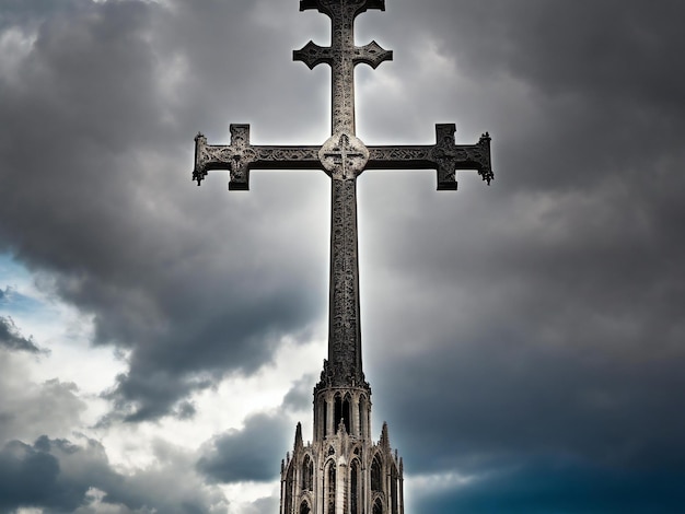 Het kruis van de gotische kathedraal steekt hoog af tegen de dramatische lucht die wordt gegenereerd