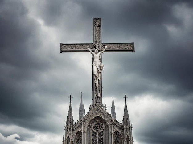 Het kruis van de gotische kathedraal steekt hoog af tegen de dramatische lucht die wordt gegenereerd