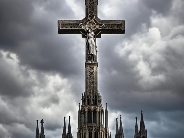 Het kruis van de gotische kathedraal steekt hoog af tegen de dramatische lucht die wordt gegenereerd