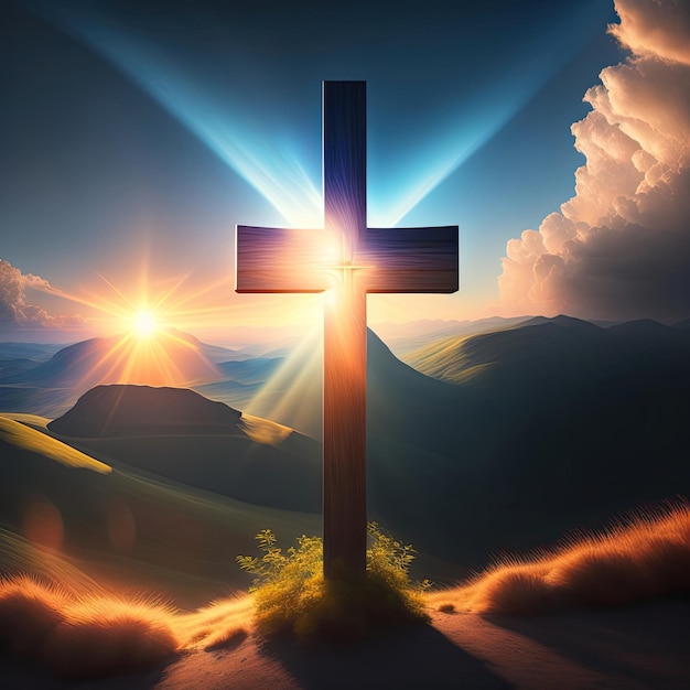 Het kruis van God in de stralen van de zon Kruis op de heuvel Religieus concept