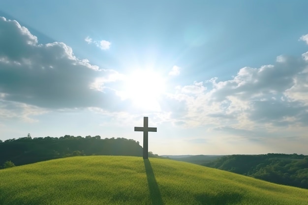 Het kruis van God met groen blad in de stralen van de zon en de blauwe lucht Kruis op de heuvel met groene bomen en een natuurlijk uitzicht Religieus concept AI Generatief