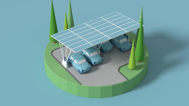 Foto het laadstation van de auto-ecologie is een energiebesparend concept om gratis energie uit de zon te halen ecovriendelijke slimme stad 3d-rendering