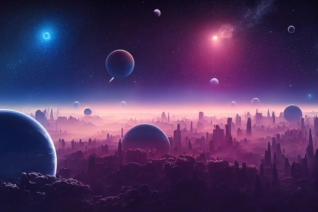 Het land van de droomstad in de ruimte met illustratie van futuristische planeten