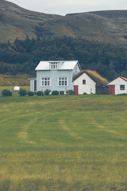 Het landschap van bergen met witte die IJslandse huizen opruimen