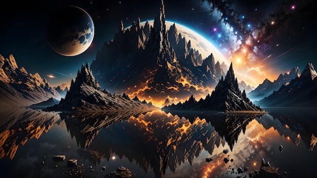 Het landschap van de fantasieplaneet met oranje lichte achtergrond Generatieve AI