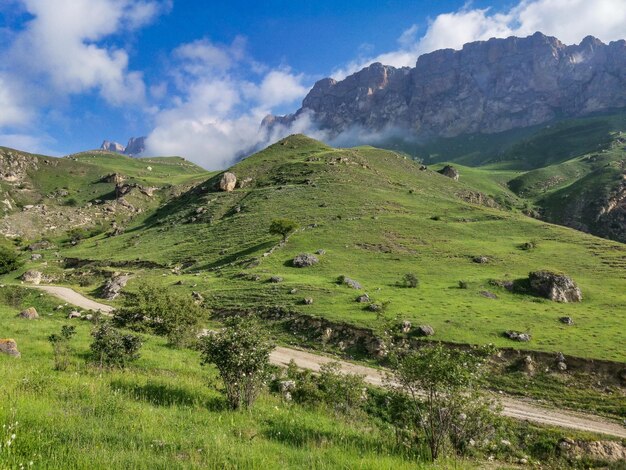 Het landschap van de groene Aktoprak-pas in de Kaukasus, de weg en de bergen onder grijze wolken
