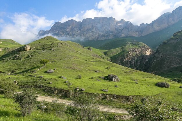 Het landschap van de groene Aktoprak-pas op de weg van de Kaukasus en de bergen onder grijze wolken