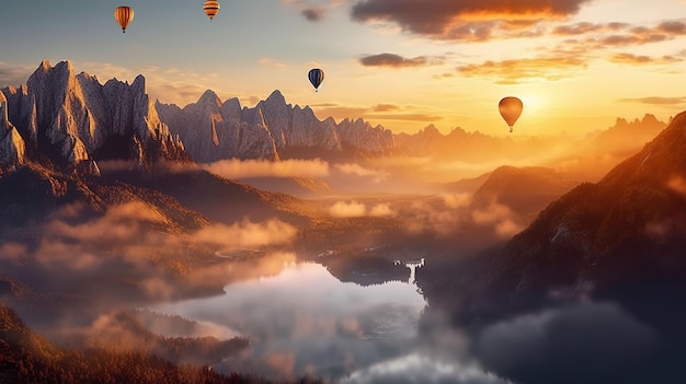 Het landschap van ochtendnevel en bergen met een luchtballon