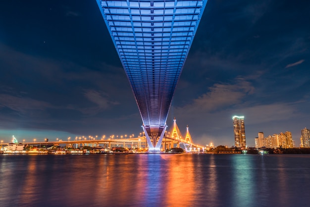 Het landschapsmening van de zonsondergang van onder wegbrug