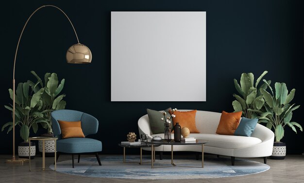 Het lege canvas frame van meubels in een modern interieur en donkerblauw, woonkamer, Scandinavische stijl