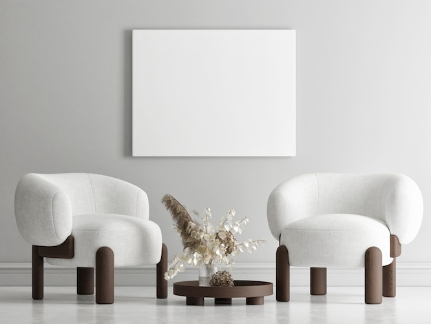 Het lege frame aan de muur Minimalisme interieur samenstelling fauteuil tafel en plantendecoratie