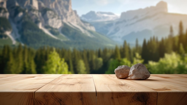 Het lege houten bruine tafelplaatje met een wazige achtergrond van de dolomietberg Generatieve AI-afbeelding AIG30