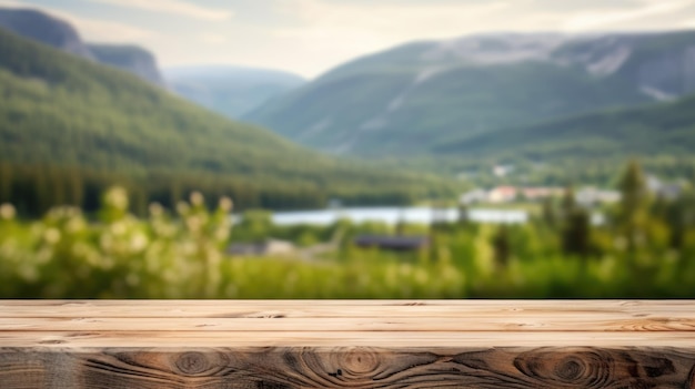 Het lege houten bruine tafelplaatje met een wazige achtergrond van het Noorse natuurlandschap uitbundig