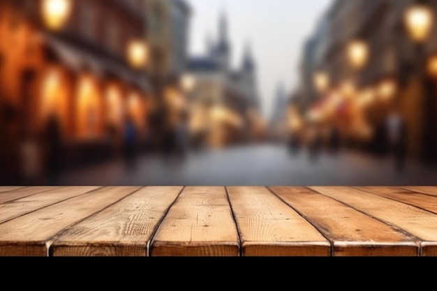 Het lege houten tafelblad met een wazige achtergrond van het uitbundige beeld van de Europese straat