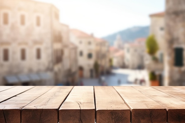 Het lege houten tafelblad met wazige achtergrond van de oude stad Dubrovnik Uitbundige afbeelding