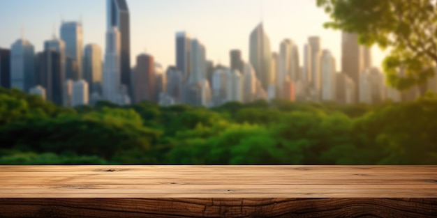 Het lege houten tafelblad met wazige achtergrond van de skyline van het stadspark Uitbundige afbeelding