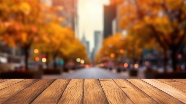 Het lege houten tafelblad met wazige achtergrond van het zakendistrict en kantoorgebouw in de herfst Uitbundig beeld