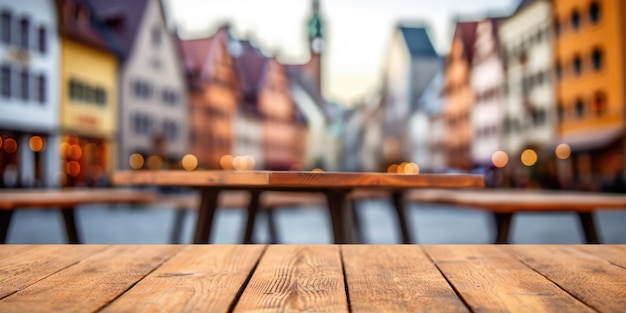 Foto het lege houten tafelblad met wazige achtergrond van stadsplein uitbundige afbeelding