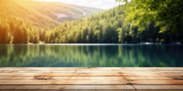 Foto het lege houten tafelplaatje met een wazige achtergrond van de plitvice-meren