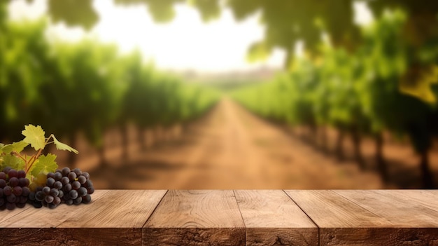 Het lege houten tafelplaatje met een wazige achtergrond van de wijngaard Generative AI AIG30