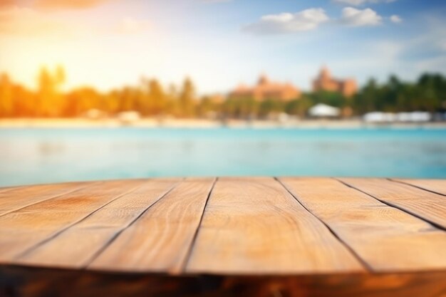 Foto het lege houten tafelplaatje met een wazige achtergrond van het thaise strand exuberant beeld