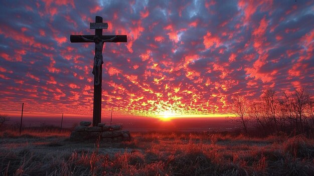 Foto het lege kruis in silhouet tegen vurig behang