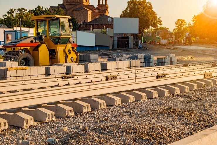 Het leggen van nieuwe tramrails op straat in de stad. Installatie van moderne spoorweg